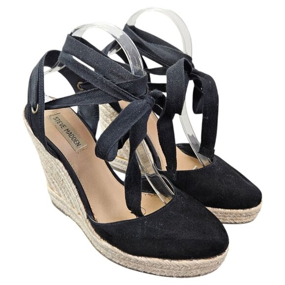 Steve Madden Barre Black‎ Closed Toe Lace Up Wedge Size 9M Faux Suede - Picture 1 of 10